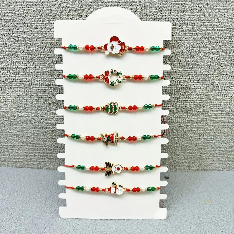 6/12pcs Christmas Santa Claus Reindeer Bell Snowman Christmas Tree Braided Adjustable Bracelet Couple Friendship Gift