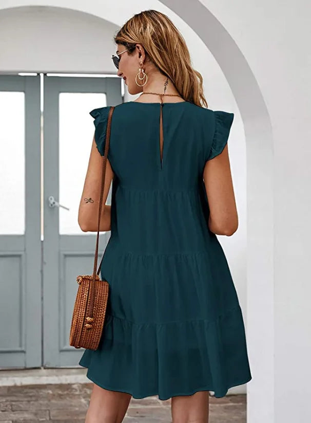 Women Elegant Ruffle Mini Dress Casual Solid O Neck Beach Party Sundress Simple Chic Loose Short Dress Vintage Harajuku Vestido