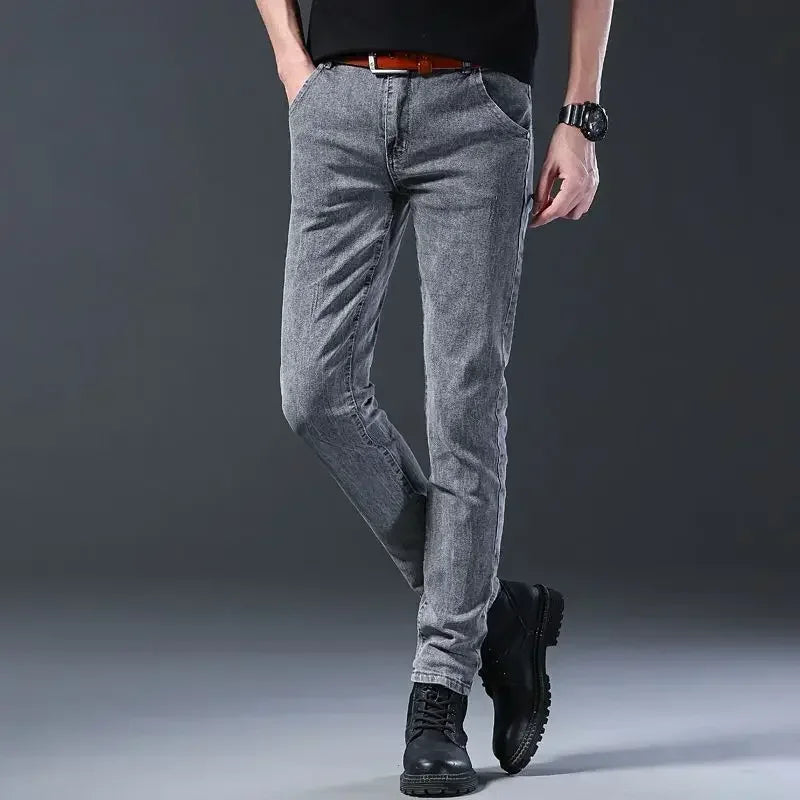 New Men Fashion Casual Business Denim Pants Male Slim Fit Straight Leg Trousers Stretch Solid Pants Size 27-38
