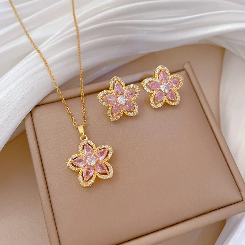 ZAKOL Stainless Steel Chain Luxury Sweet Pink Crystal Flower Necklace Stud Earrings Jewelry Set Accessories Gifts for Women