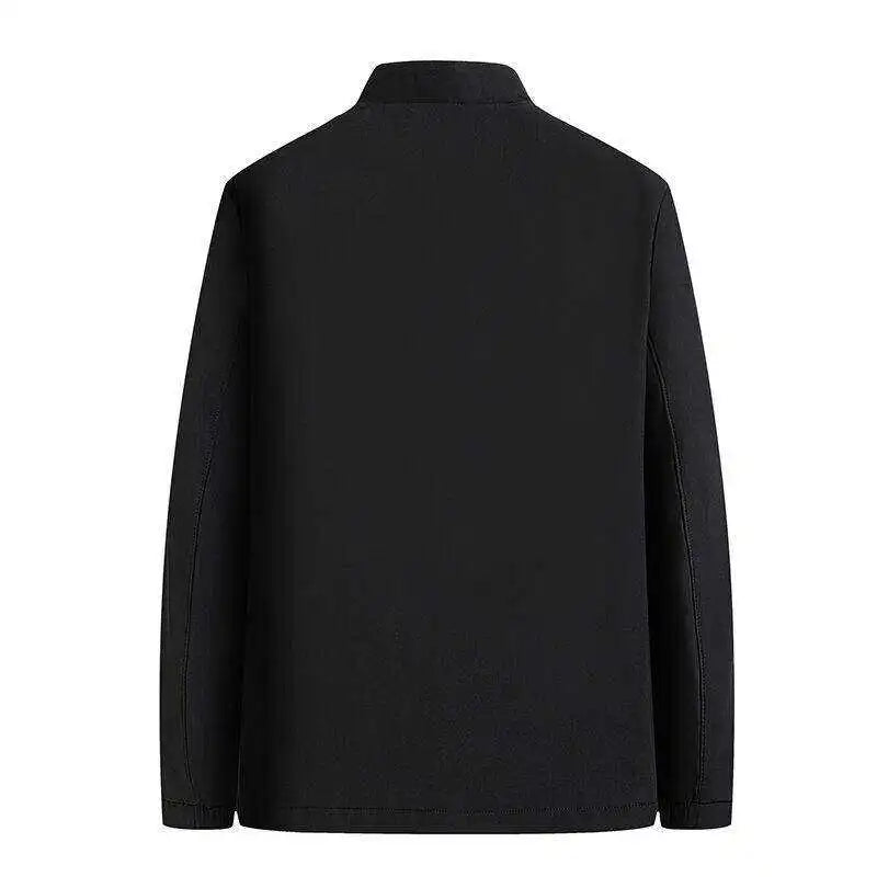 A stylish, cool and versatile solid color casual and trendy business jacket with a stand-up collar for senior dads