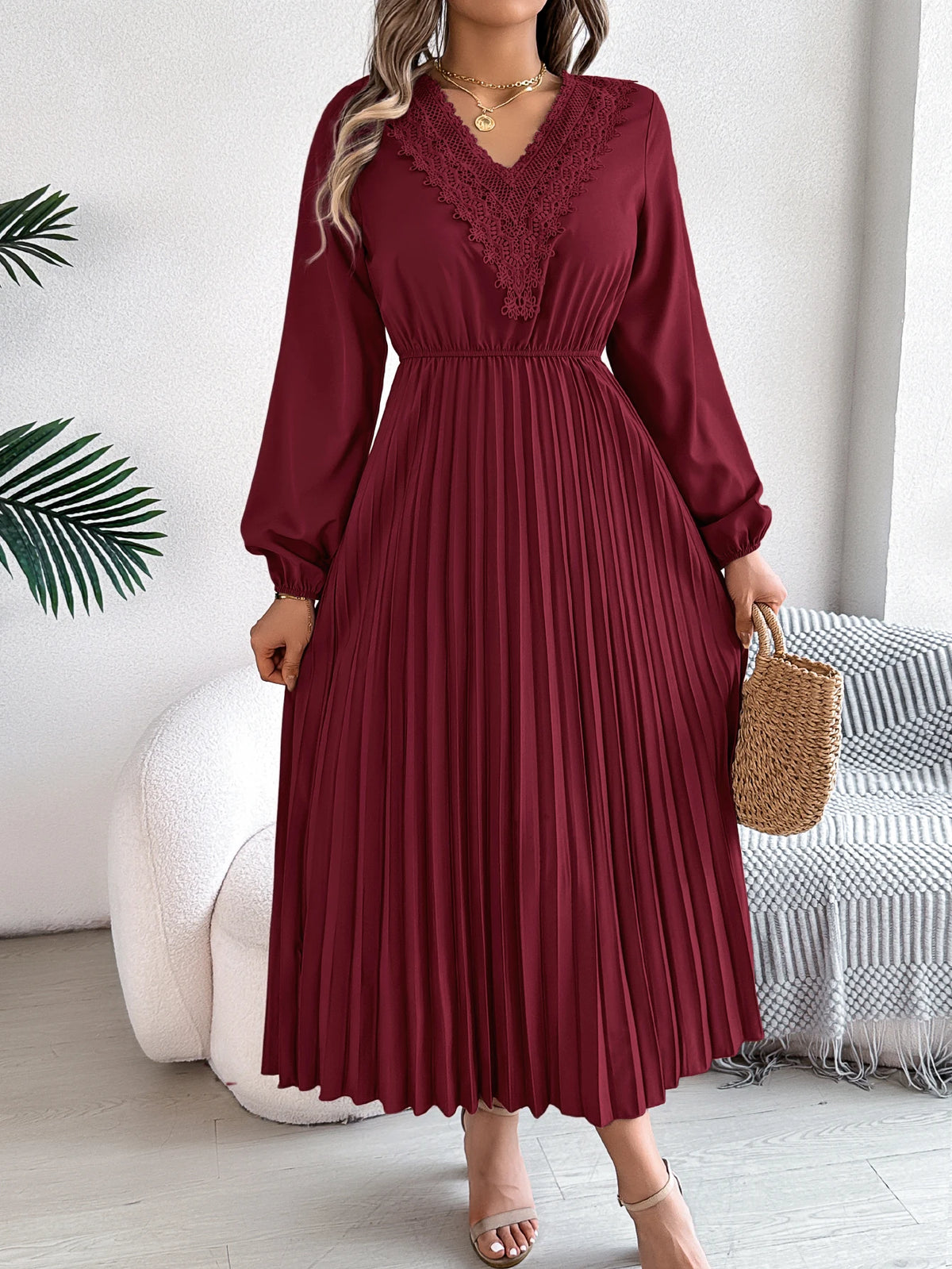 2026 Fashion Lace V Neck Lantern Long Sleeve Maxi Dress for Women Autumn Winter Casual Solid Color Pleated Dresses Khaki Red