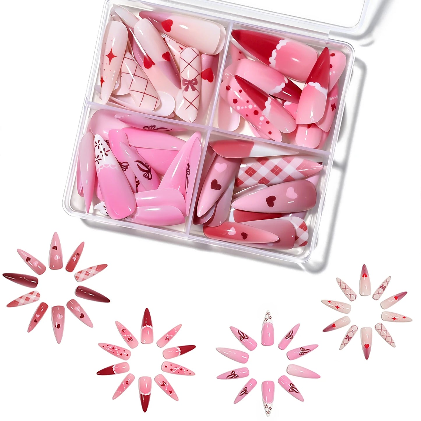 96pcs Gradient Long Almond Full Cover Fake Nails Tips with Bow Heart Plaid Design Blush Stiletto False Nails Women Press on Nail