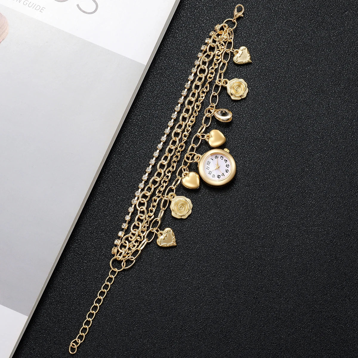 Fashion Multi‑Layer Bracelets Women Quartz Watch Heart Flower Charm Rhinestone Ladies Wristwatches Relogio Feminino（Without Box）