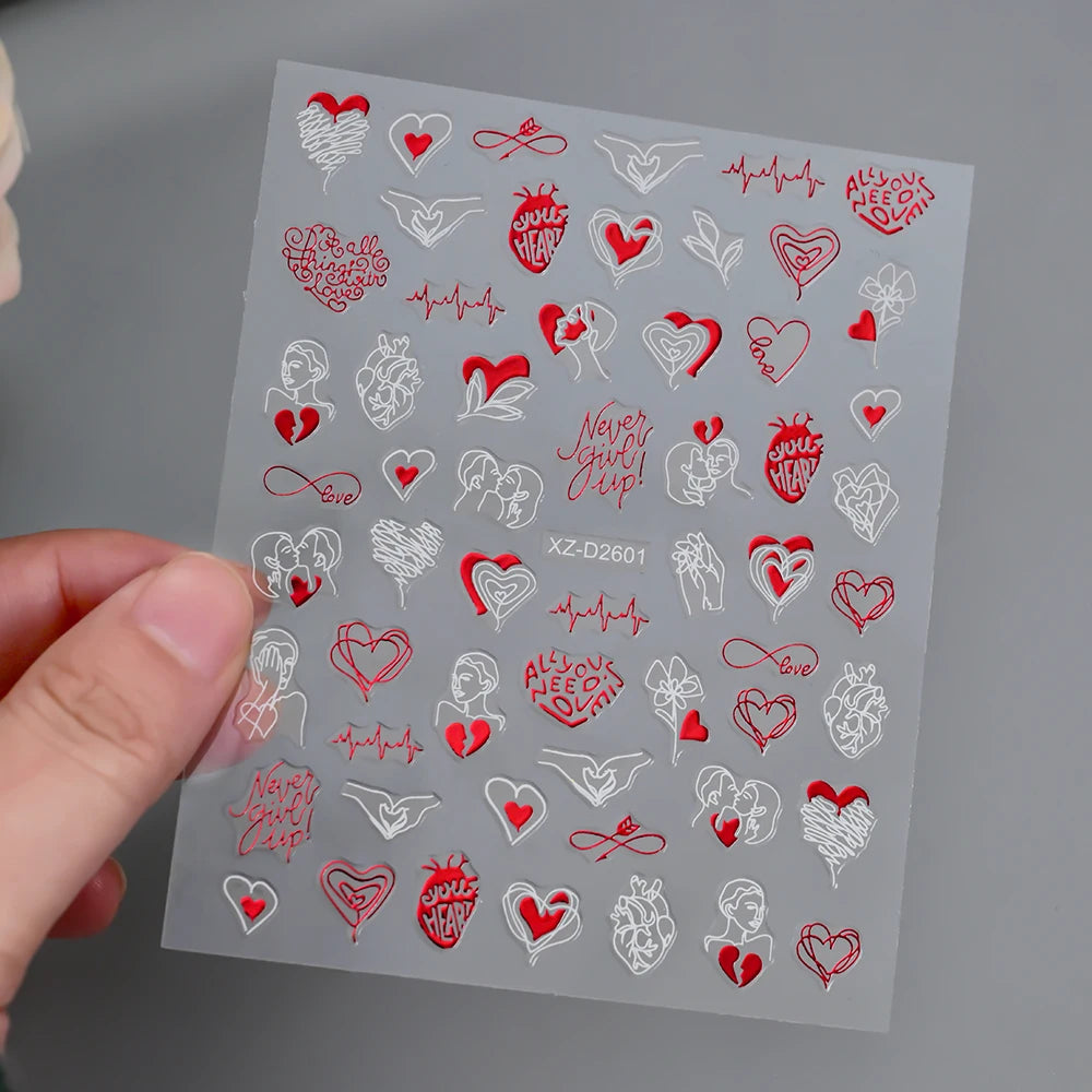 1Pc 3D Red Love Heart Nail Art Stickers Rose Flower Lip Self Adhesive Decals Valentine' Day Nail Sliders For Manicure Decoration