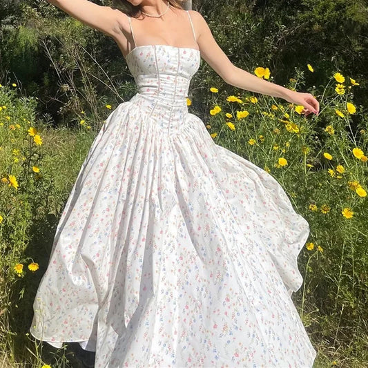 Summer Vacation Elegant Floral Print Spaghetti Strap Dress Women Boho Chic High Waist Strapless Dresses Beach Party Long Dresses