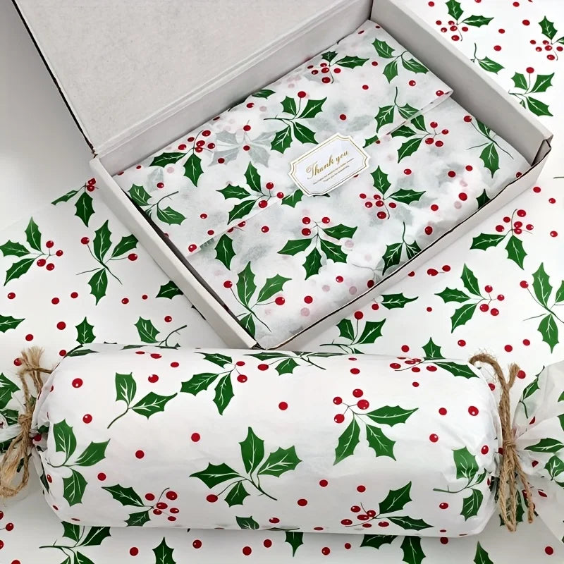 50Pcs Christmas Bouquet Paper New Christmas Tree Pattern Paper Santa Claus Wrapping Paper High Quality Holly Berry Gift Wrap