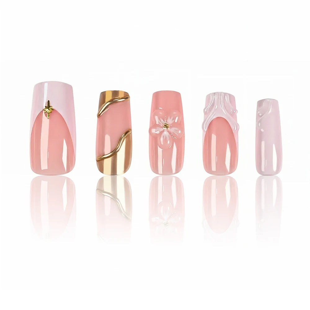 24Pcs Sweet Medium Square French False Nails Blush Pink Flower Full Cover Fake Nails Extension Acrylic Wearable Press on Nails