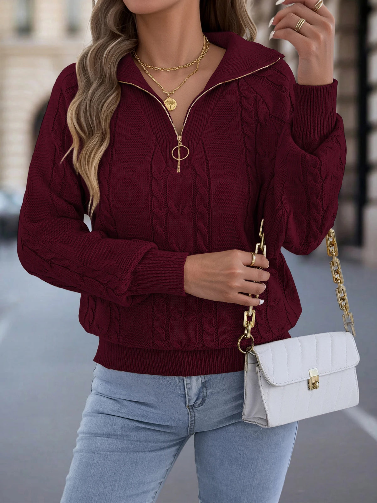 Women's Casual Turn Down Collar Half Zipper Sweaters 2026 Autumn Winter Lantern Long Sleeve Twist Knitted Tops Orange Khaki Red
