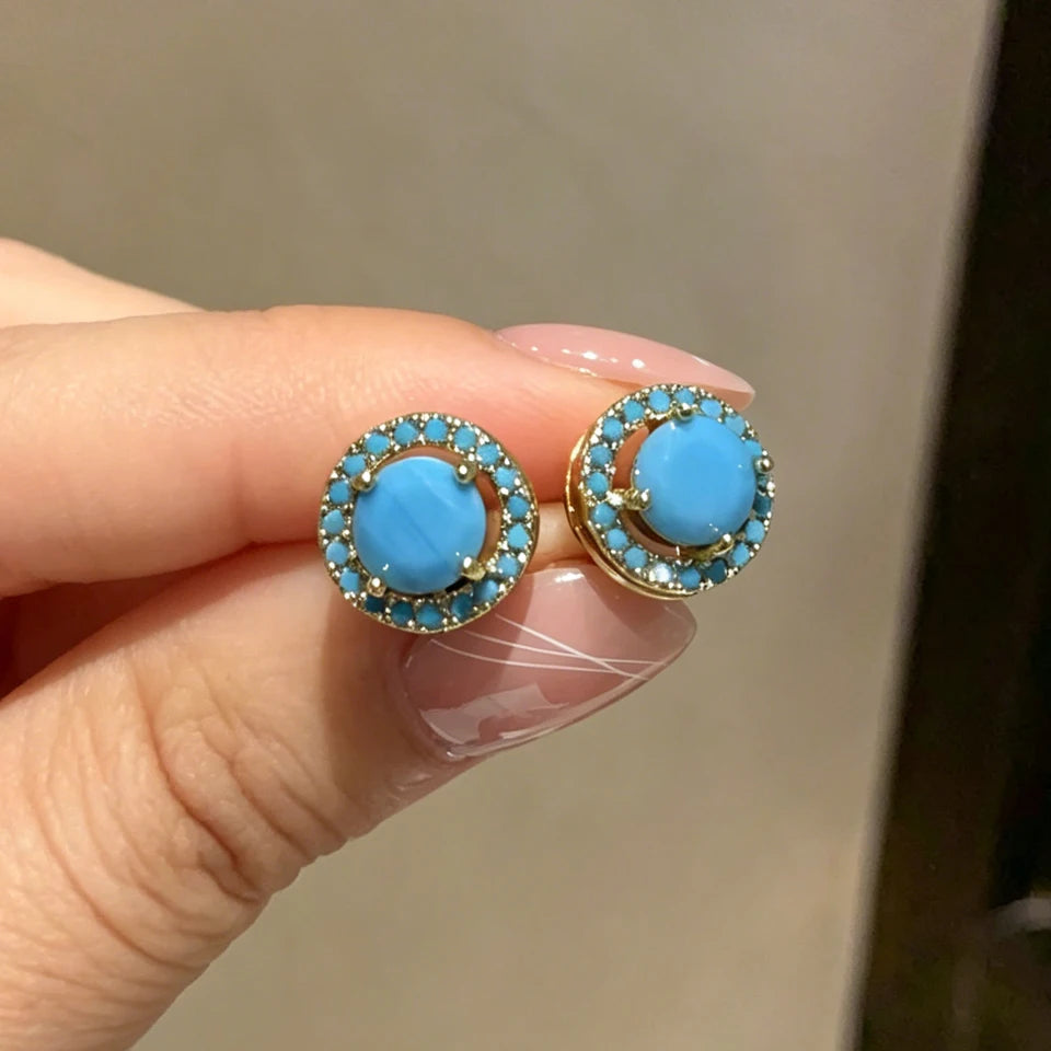ZAKOL Creative Blue Turquoise Cubic Zirconia Round CZ Stud Earrings Necklace Set for Women Shiny Exquisite Jewelry Gifts