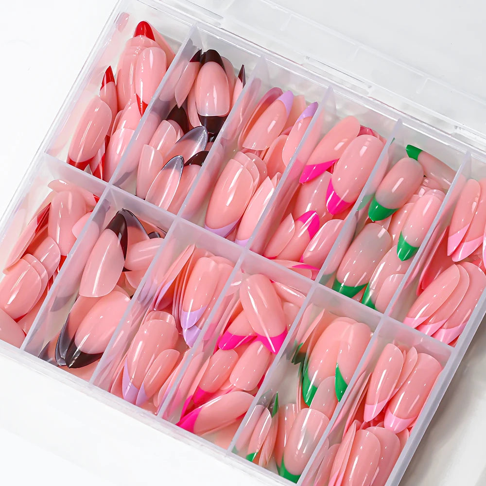 288Pcs Colorful Medium Almond French False Nails Red/Green/Pink/Purple Full Cover Fake Nails Tips Extension Women Press on Nails