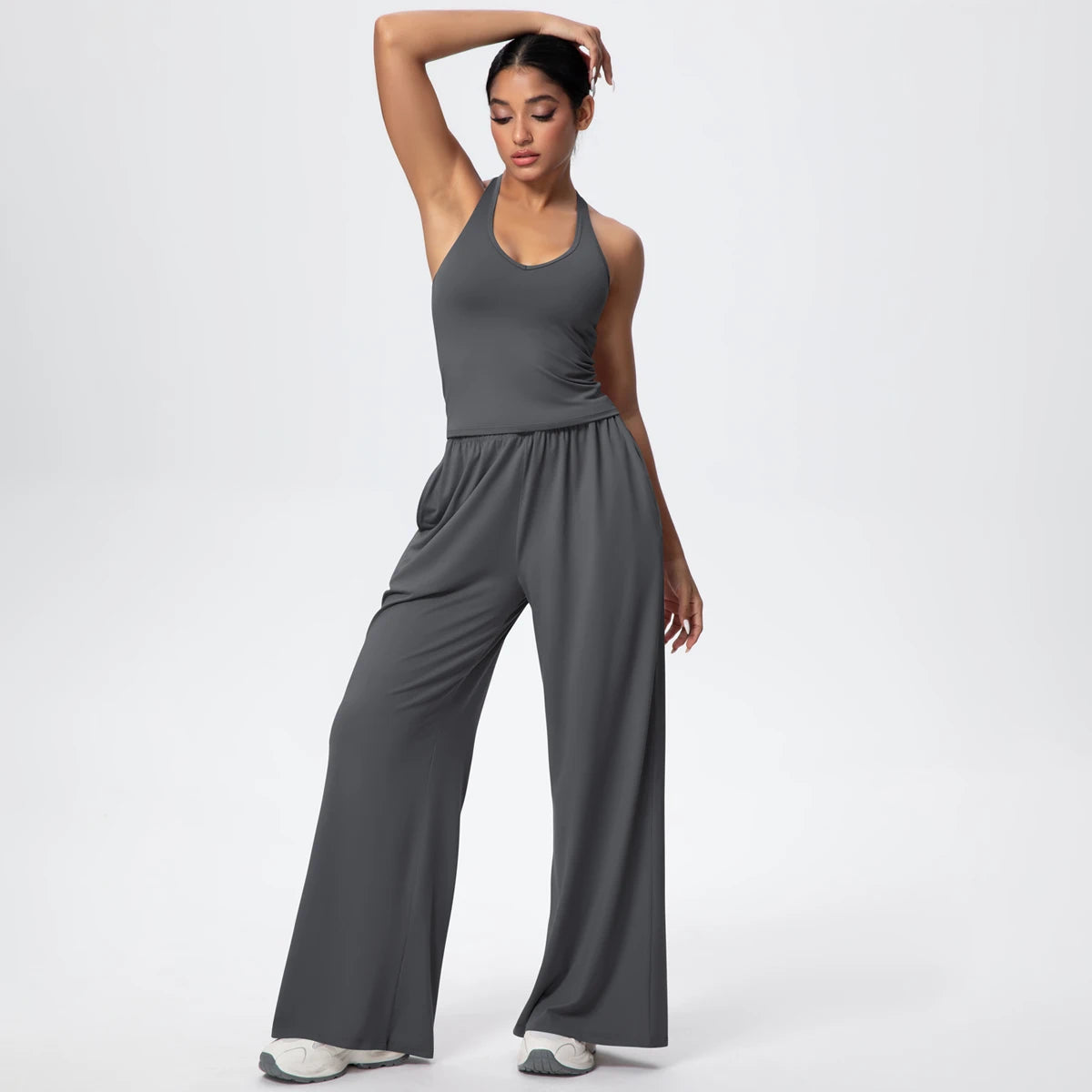 Breathable Loose Wide Leg Pants and Yoga Vest Set Solid Color High Stretch Pockets Pants Beautiful Back T-shaped Vest Yoga Suit