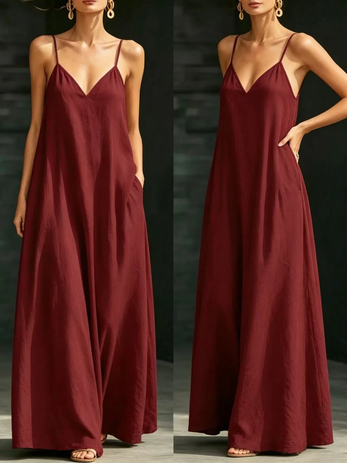 Women Linen Spaghetti Strap Maxi Dress V Neck Loose Swing Long Dress With Pockets Casual Summer Beach Vacation Sundress Ladies