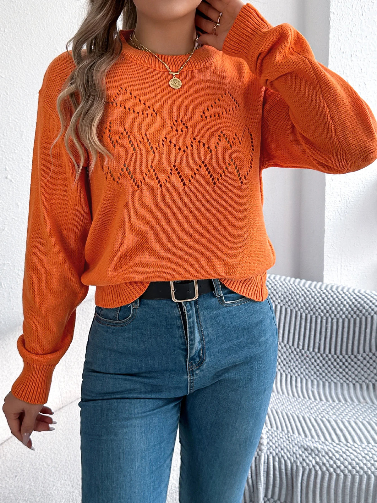 Halloween Women Sweaters for Autumn Winter Casual Solid Color Pumpkin Pattern Long Sleeve Knitted Pullover Tops Orange Khaki Red