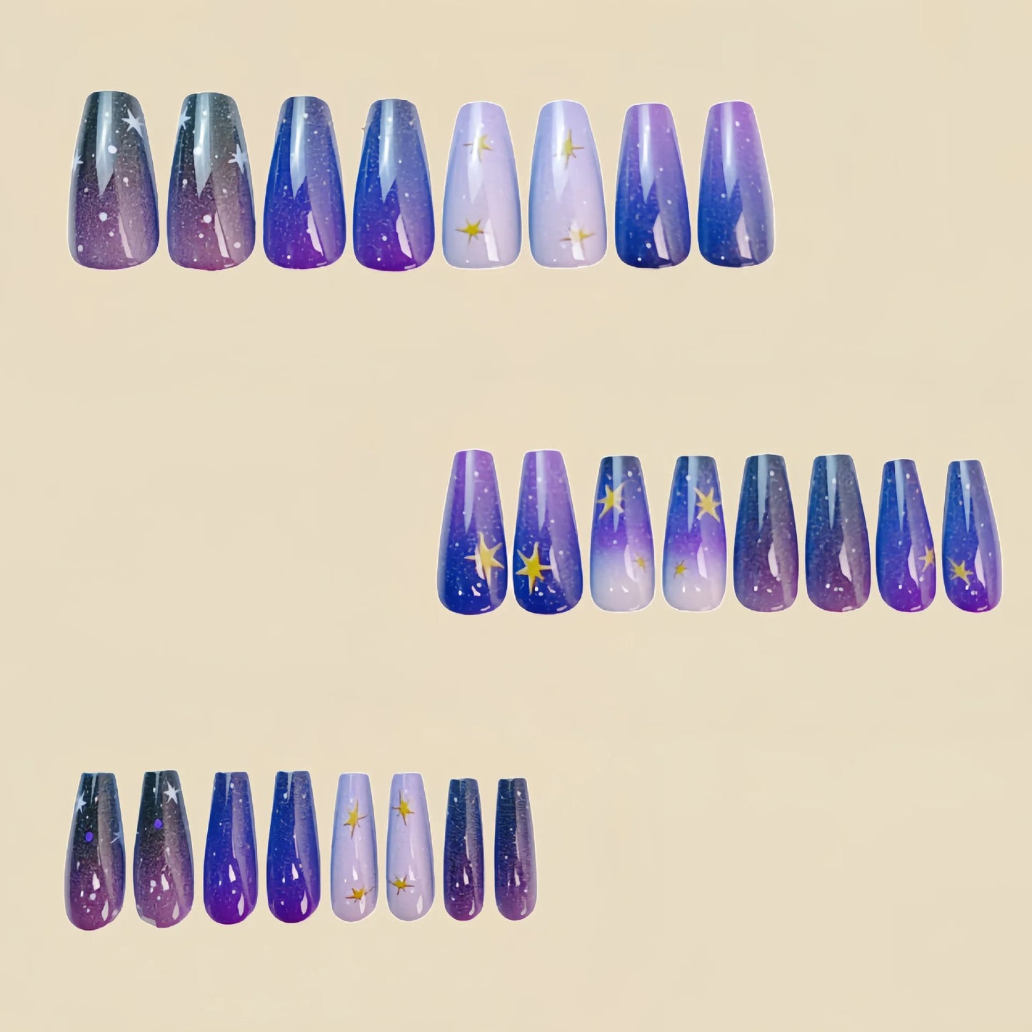 24pcs/set medium long fake nails square ballet nail tips glitters starry sky moon star feather design press on false nail art