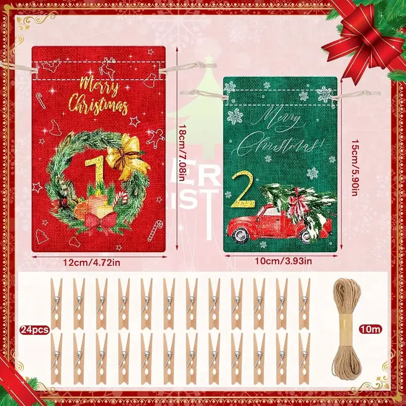 Pack of 24 Advent Calendar for Filling 2026 DIY Self-Fillable Fabric Bag Gift Bags Advent Bags for Christmas Tree Decoration