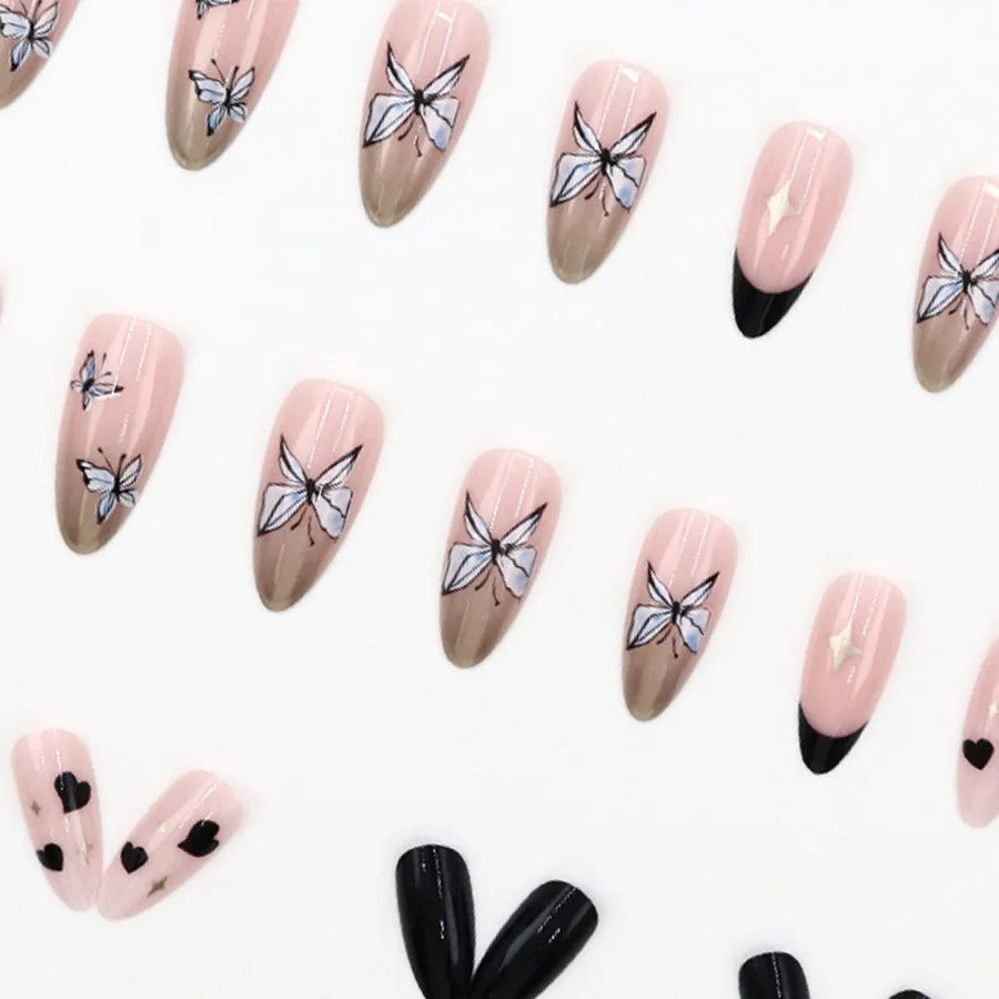 Medium fake nails for women girl green flrora blue black butterfly heart design Almond nail tips full cover press on false nail