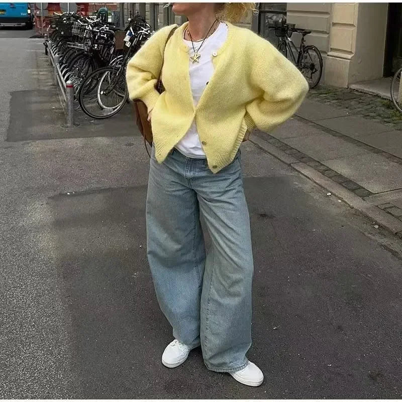 Women Mohair Knit Cardigan O Neck Elegant Lantern Long Sleeve Oversized Loose Fluffy Sweater Coat Autumn Winter Casual Knitwear