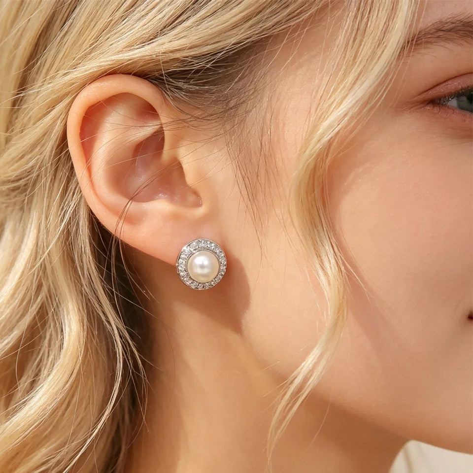 ZAKOL Delicate Light Blue CZ Stud Earrings Geometric Oval Zircon Imitation Pearl Earring for Women Fashion Jewelry Gifts