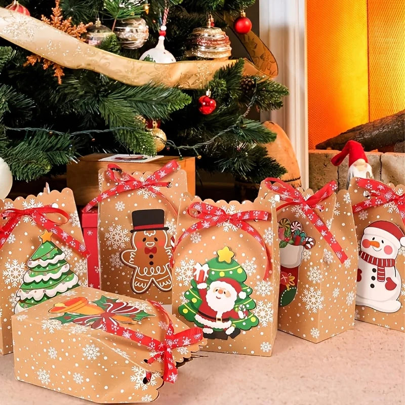 24pcs Christmas Paper Gift Bags with Banderole Candy Cookies Packaging Boxes Santa Claus Xmas Tree Home Party Decoration