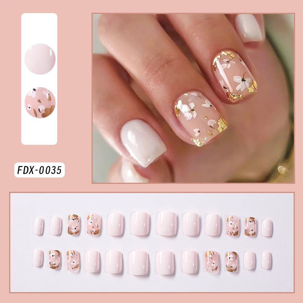 24Pcs Short Square Coffin French Glitter Press On Nails أظافر لاصقة فرنسية لامعة بشكل مربع – 24 قطعة