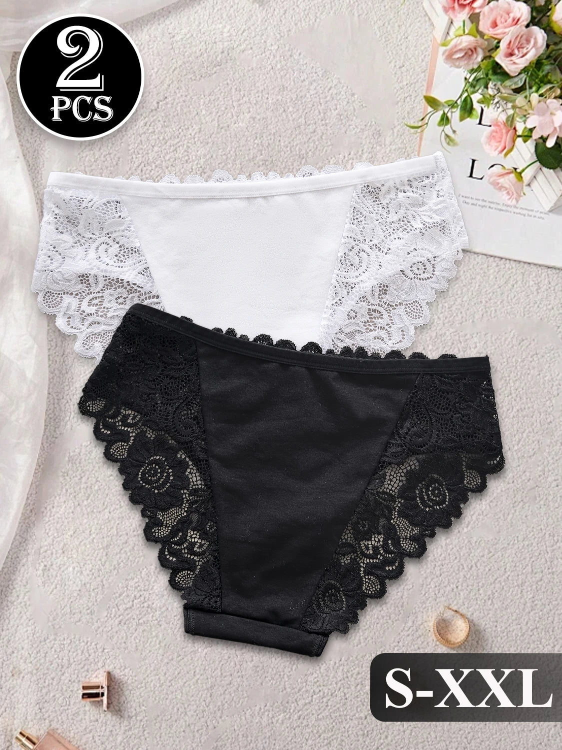 2PCS Classic Elegant Black White Panties Set Women Soft Comfortable Solid Color Cotton Underwear Lace Floral Design Sexy Briefs