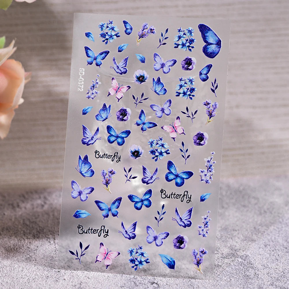 1Pc 5D Embossed Lavender Flower Nail Sticker Spring Floral Leaves Self-Adhesive Sliders Rose Heart Decals Manicure Decoration