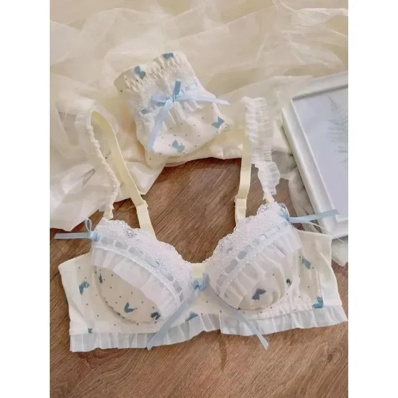MOYISU Lolita Pure Desire Cute Princess Style Thin Cup Bra Set Printed Cute Bow Bra Comfortable Lace Underwear Goth Underwear