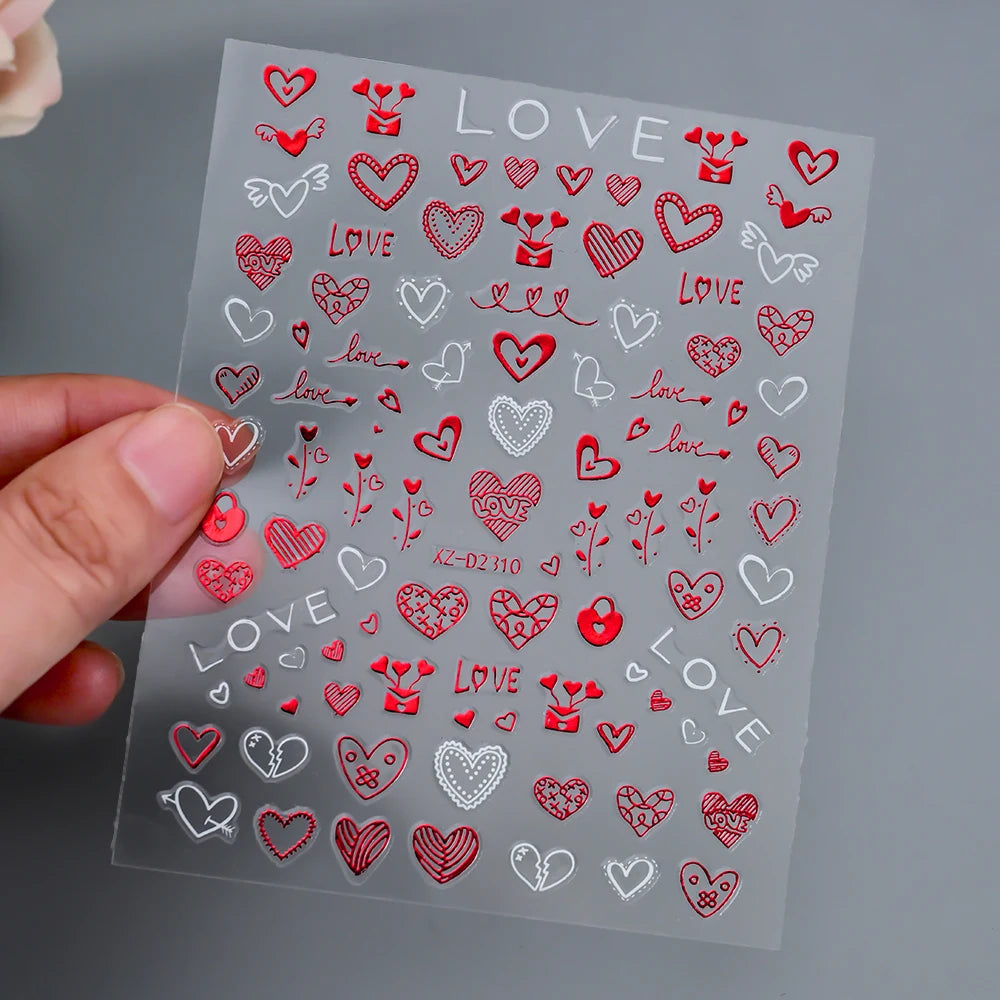 1Pc 3D Red Love Heart Nail Art Stickers Rose Flower Lip Self Adhesive Decals Valentine' Day Nail Sliders For Manicure Decoration