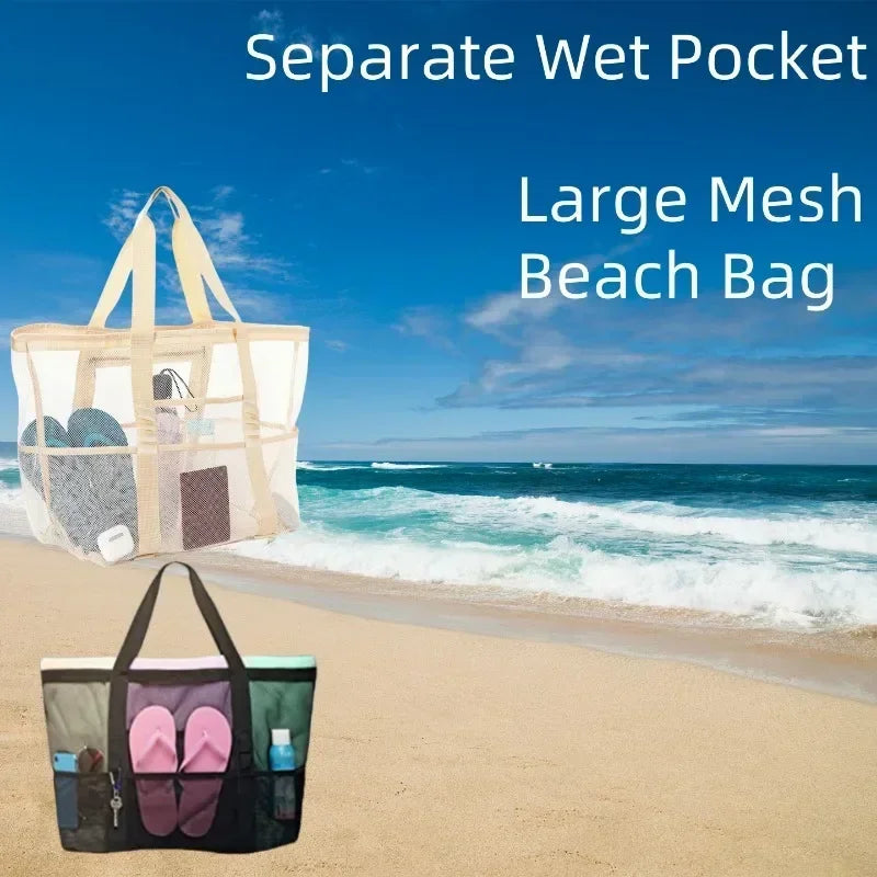 Large Mesh Beach Bag Oversized Waterproof Swim Bag with Separate Wet Pocket Multi Purpose Travel Tote for  Beach Tote