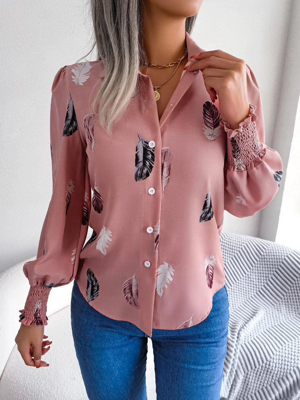 Women's Casual Feather Print Long Sleeve Office Lady Shirts for Autumn Turn Down Collar Buttons Woman Clothing White Pink Blue