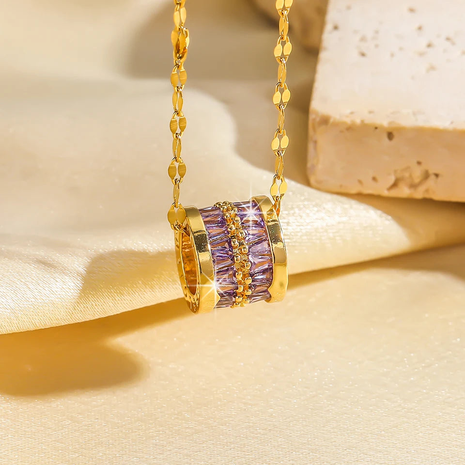 ZAKOL Y2K Stainless Steel Round Pendant Necklace For Women Girls Korea Style Beautiful Gold Color Metal Crystal Jewelry On Neck