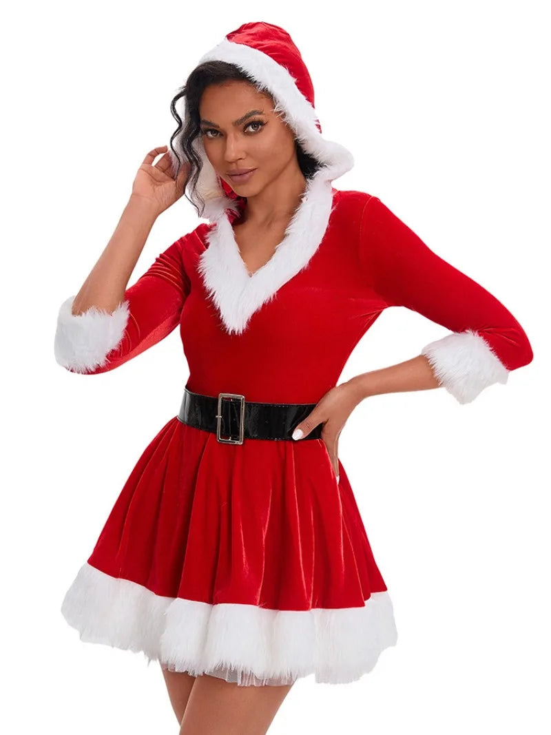 Christmas Party Costume Christmas Cosplay Dress with Black Belt