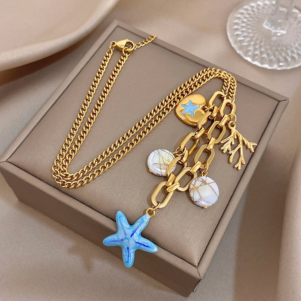 Flashbuy Golden Ocean Charm Necklace, Starfish Crab Octopus Pendant, Boho Beach Jewelry for Women, Summer Vacation Accessory