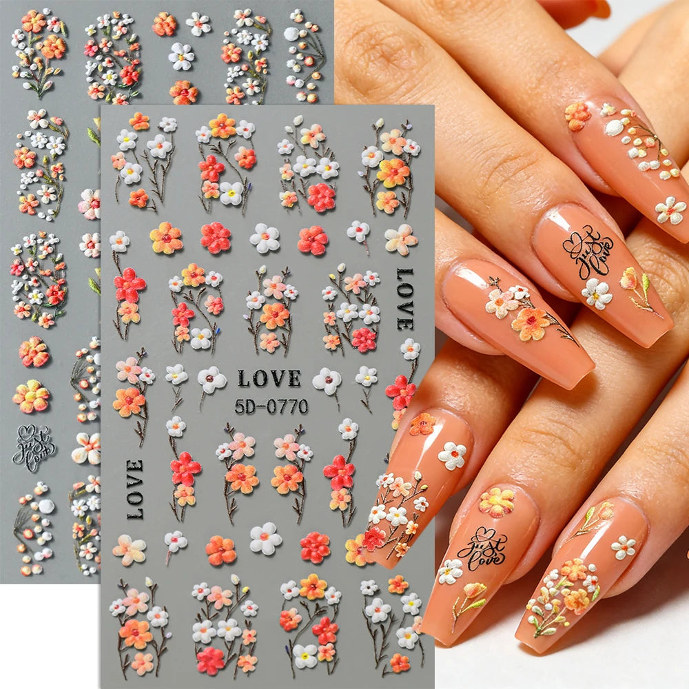 1Pc 5D Embossed Lavender Flower Nail Sticker Spring Floral Leaves Self-Adhesive Sliders Rose Heart Decals Manicure Decoration