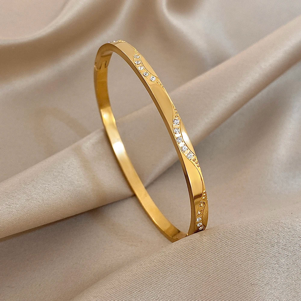 FLASHBUY Trendy Chic Gold Color Simple 316L Stainless Steel Bangles Bracelets for Women Charm Zircon Waterproof Jewelry Gift