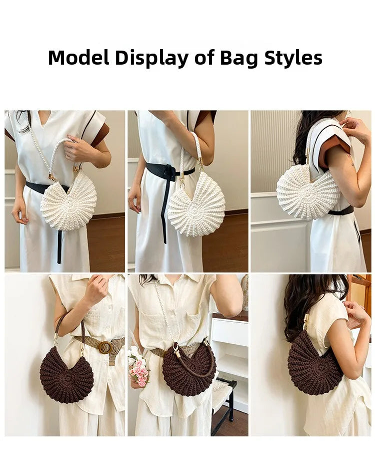 Handcrafted Shell Shaped Crossbody Bag Women's Beach Style Handbag City Simple Cotton Liner Soft round Shape Double Shoulder ...