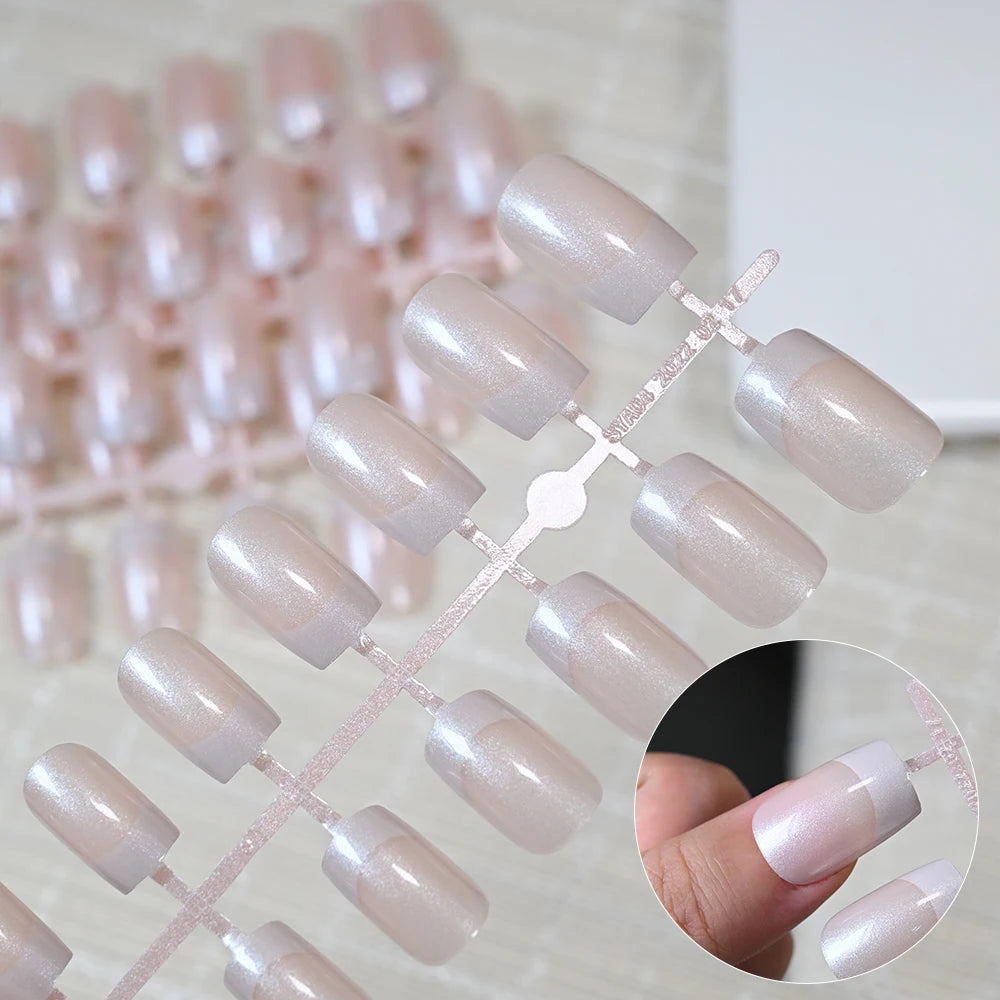 120Pcs French Pearlescent Short Square False Nails Acrylic Full Cover Artificial Press On Nails Glossy Fake Nails Extension