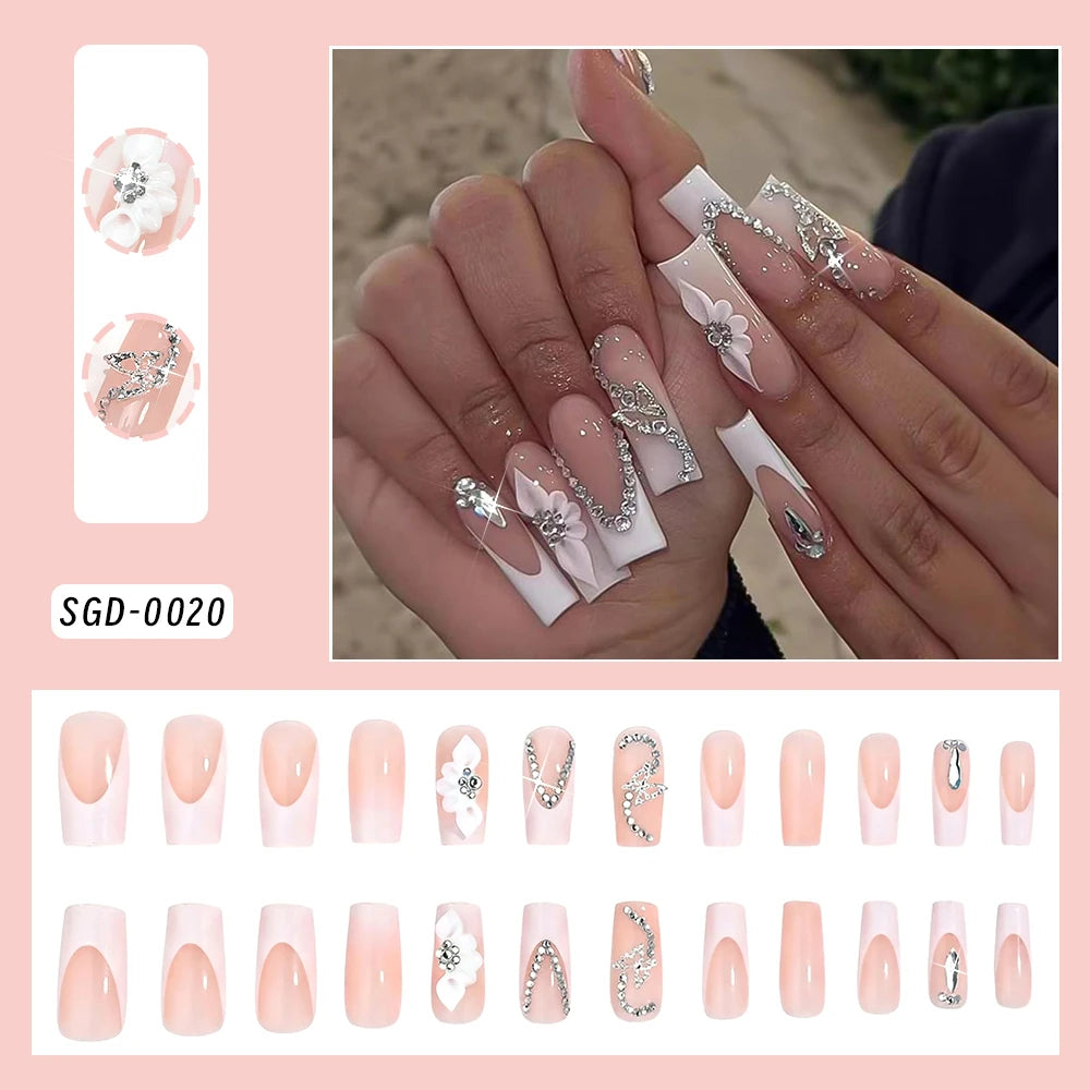 24Pcs Blue Almond Wearable Press on Nails 3D Pearl Bow Full Cover Fake Nails Tips with Bowknot Design French False Nails