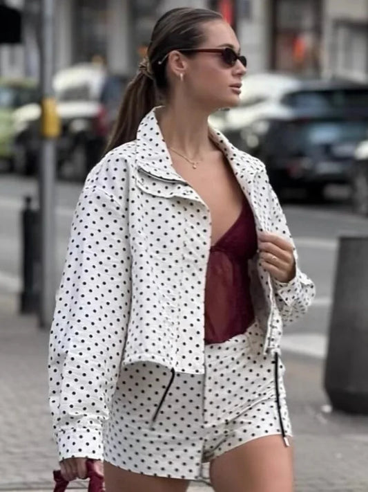 Woman Polka Dot Printed Jacket Chic Long Sleeves Turtleneck Zipper With Pockets Drawstring Casual Coats Autumn Winter Streetwear