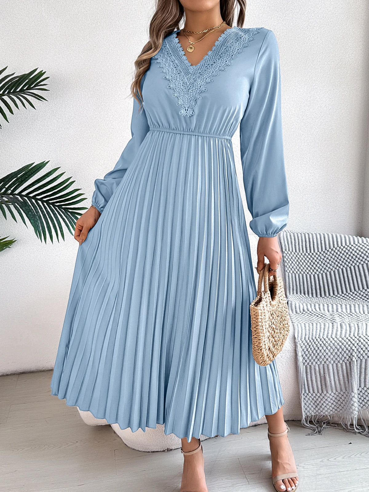 2026 Fashion Lace V Neck Lantern Long Sleeve Maxi Dress for Women Autumn Winter Casual Solid Color Pleated Dresses Khaki Red