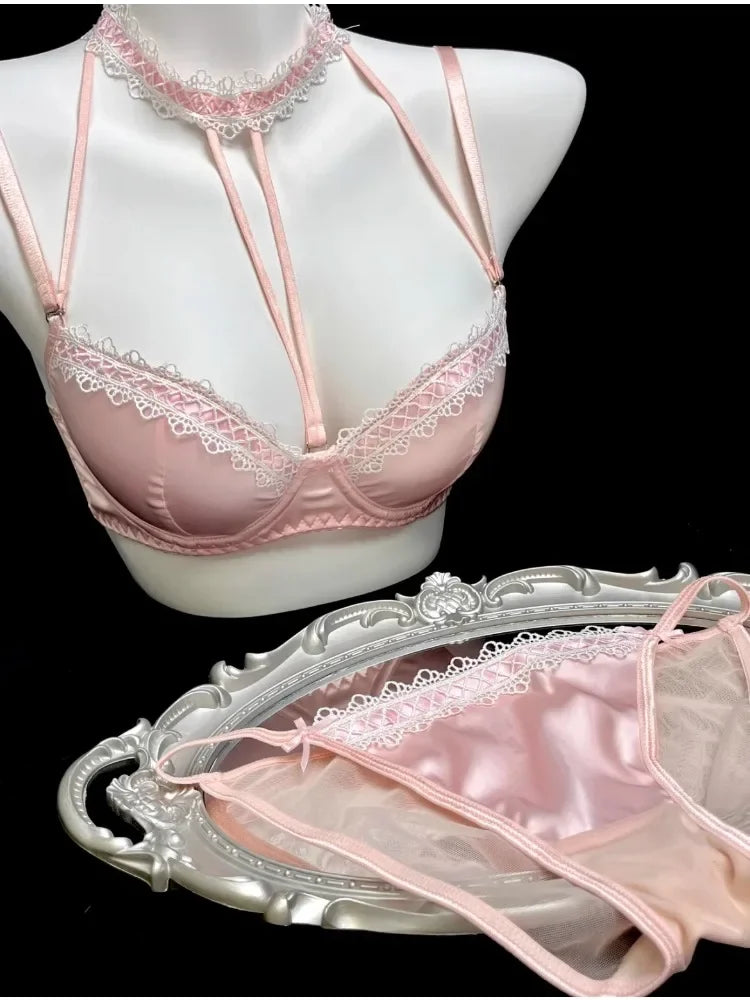 MOYISU Method Pearl Powder Bra Set Lace Halter Neck Design for Small Breasts Big Thick Cup Pure Desire Sexy Underwear for Women