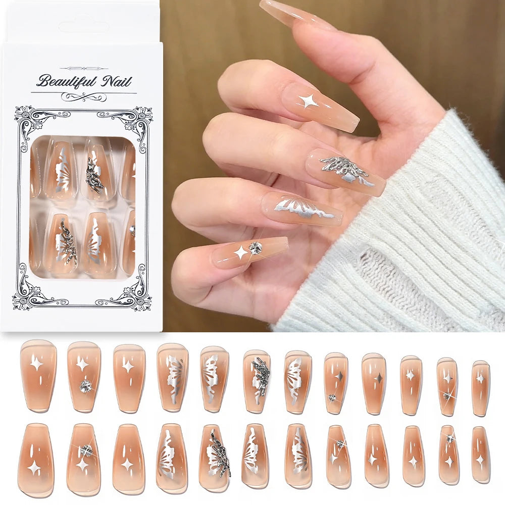 24pcs Medium Square French False Nails with Metallic Butterfly Starlight Design Full Cover Fake Nails Tips Women Press on Nails