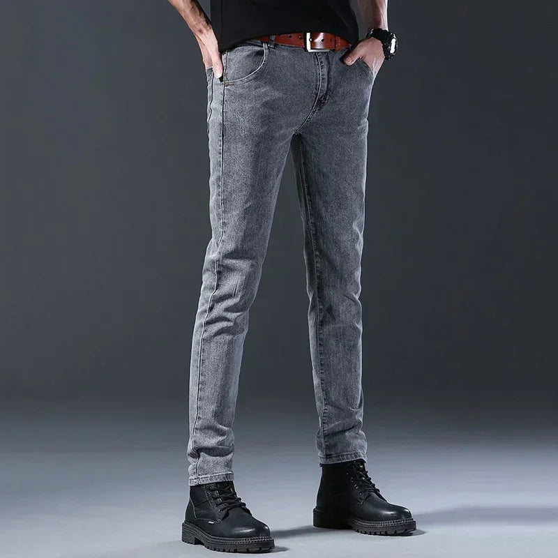New Men Fashion Casual Business Denim Pants Male Slim Fit Straight Leg Trousers Stretch Solid Pants Size 27-38