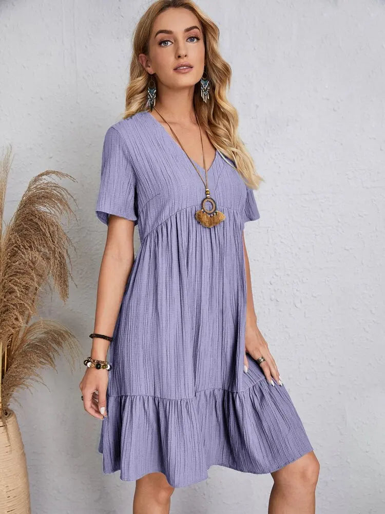 Women Elegant V Neck Ruffles Mini Dress Summer Vintage Solid Loose Sundress Bohemian Casual Solid Beach Party Vestidos