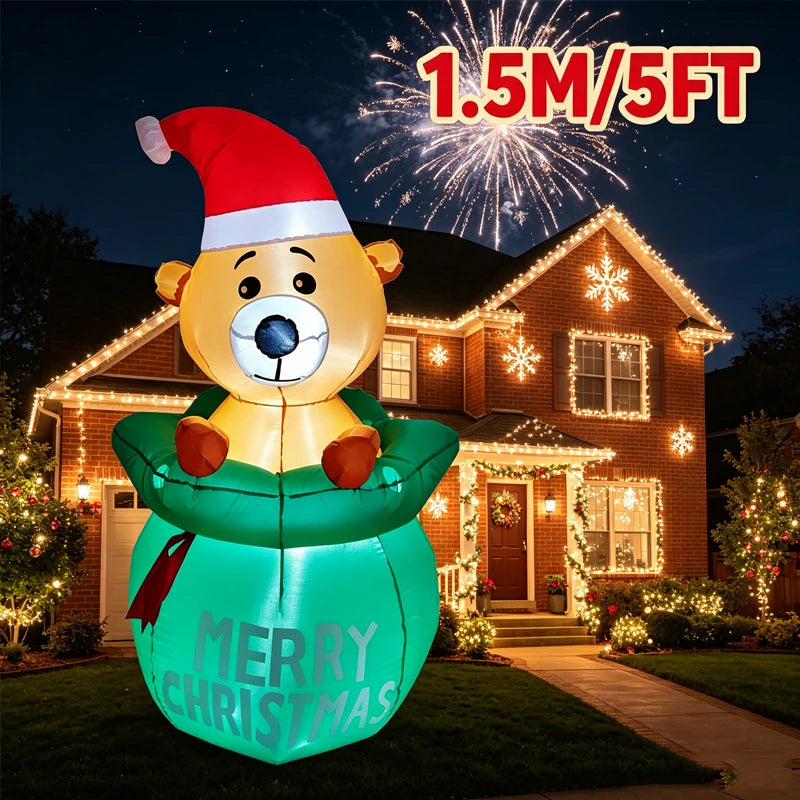 Cute Christmas Airblown Bear Statue, Inflatable Bear Gift Sack Ornament for Living Room, Xmas Party Indoor Display