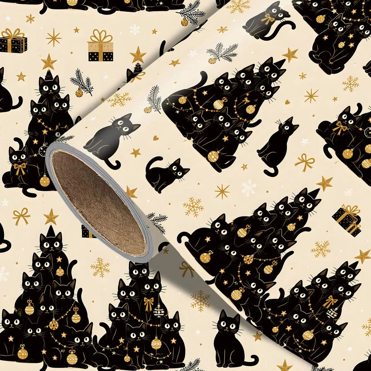 Black Cat Christmas Wrapping Paper Roll, Cute Cat Tree Pattern with Gold Snowflakes Stars Gifts, Beige Background Xmas Gift Wrap