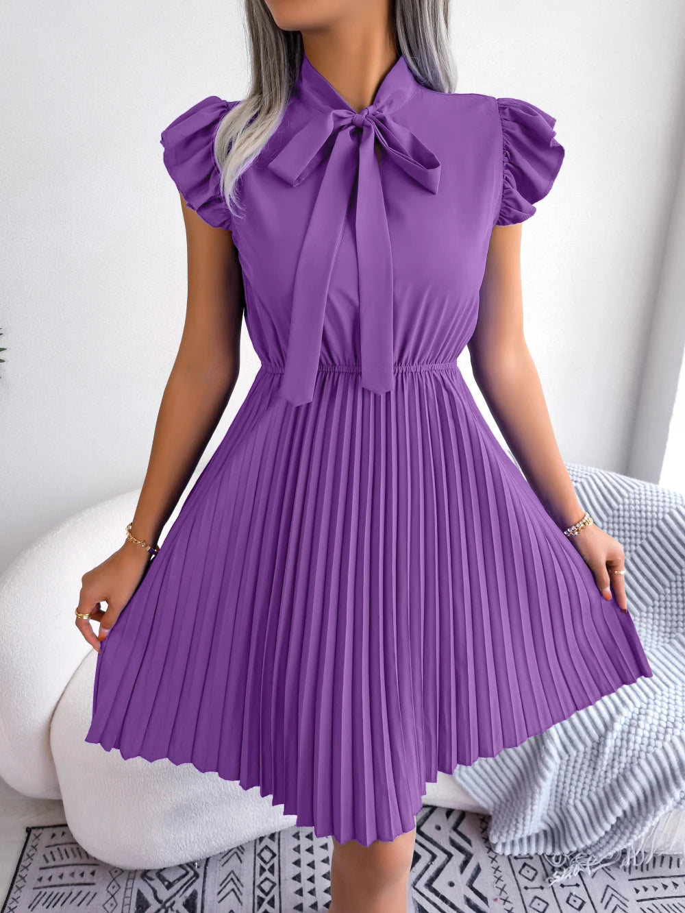 Elegant Bow Tie Pleated Dress 2026 Women Summer Solid Color Ruffles Short Sleeve Mini Dress Green Red Black Blue Woman Clothing