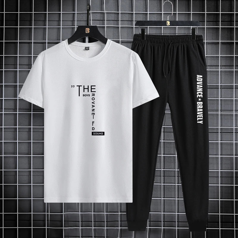 Trendy printed men's sports suit, summer casual T-shirt, leggings, two piece set, thin and breathable, solid color 2024 new prod