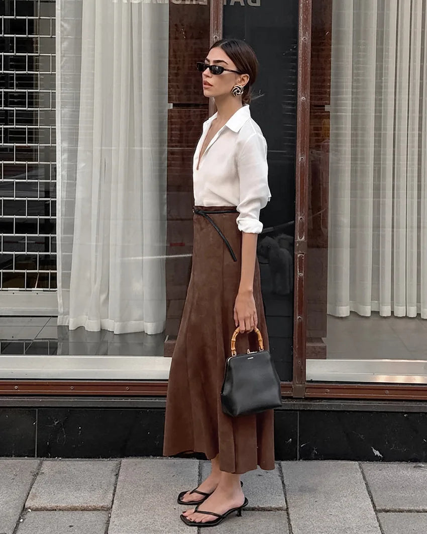 BKLD Autumn And Winter Retro New Fashionable Suede Fabric Brown Slimming High Waist Straight Skirt Casual Long Skirts For Women